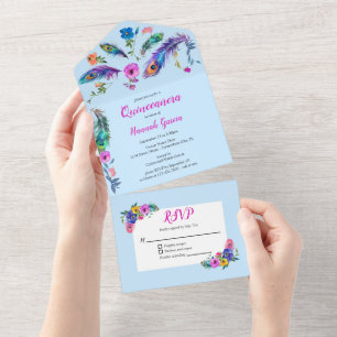 Pauw veren & bloemen Quinceañera Baby Blauw All In One Uitnodiging