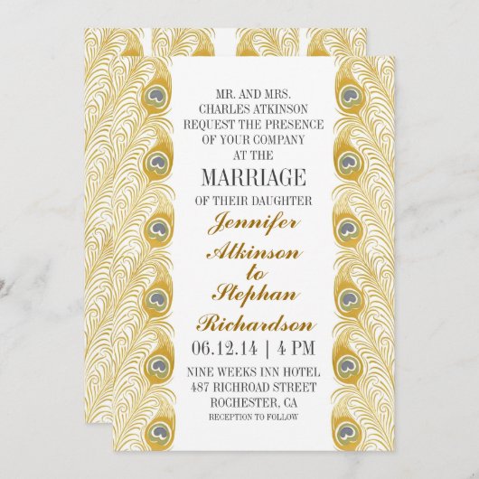 Pauw veren klassieke witte bruiloft uitnodigingen (Voorkant / Achterkant)