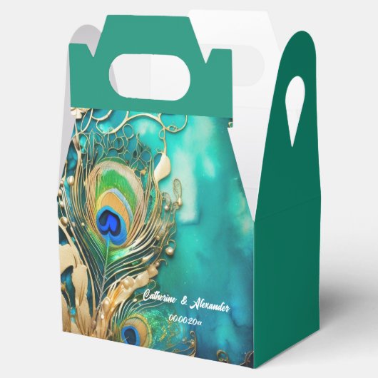 Pauw veren pruim blauwgroen groen goud luxe bruids bedankdoosjes (Geopend)