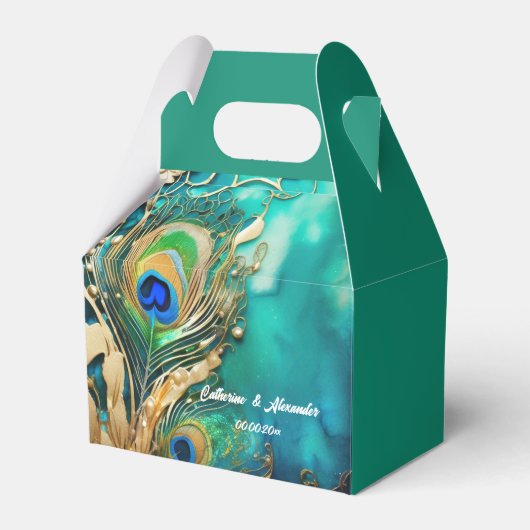 Pauw veren pruim blauwgroen groen goud luxe bruids bedankdoosjes (Voorkant Zijde)