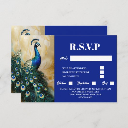Pauw vogel luxe 3D blauw smaragdgroen rsvp (Voorkant / Achterkant)
