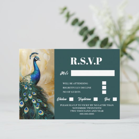 Pauw vogel luxe 3D donker blauwgroen smaragd rsvp (Staand voorkant)