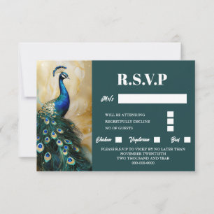 Pauw vogel luxe 3D donker blauwgroen smaragd rsvp Kaartje