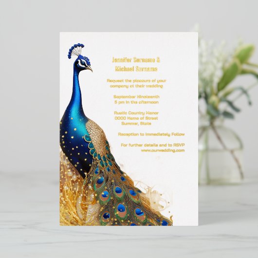Pauw vogel luxe goud blauw smaragd groen real folie uitnodiging (Staand Voorkant)