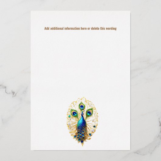 Pauw vogel luxe goud blauw smaragd groen real folie uitnodiging (Achterkant)