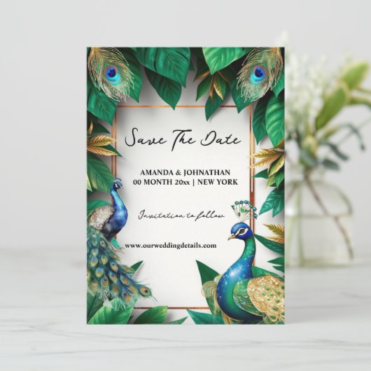 Pauw vogels luxe vogelveren elegant save the date (Staand voorkant)