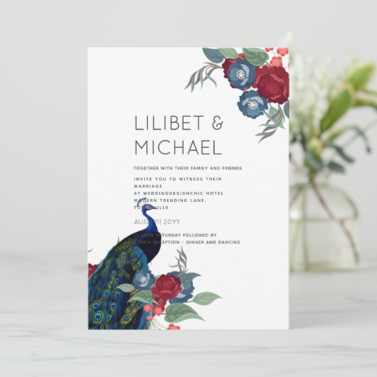 Pauwblauw Bourgondië Winter Herfst Bruiloft Budget Kaart (Staand voorkant)