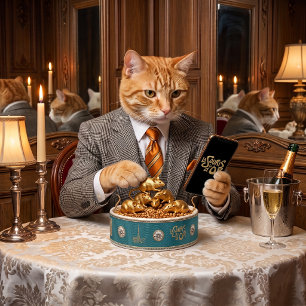 Pauwblauwe Emaille Kattenbak met Gouden Naambordje Voerbakje