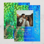 Pauwblauwe Groene Veer Textuur Zomer Bruiloft Kaart (Voorkant / Achterkant)