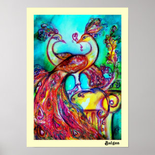 PAUWEN VERLIEFDE, Rood Geel Turkoois Blauw Poster