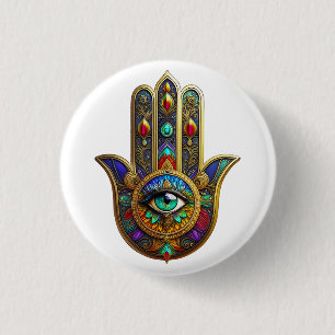 Pauwenkleur Bloemblaadjes Hamsa Groen Derde Oog Ronde Button 3,2 Cm