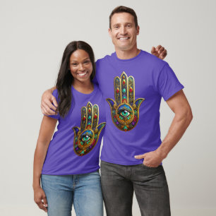 Pauwenkleur Bloemblaadjes Hamsa Groen Derde Oog T-shirt