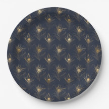 Pauwestaartveren Navy Blauwe Gouden Print Stijlvol