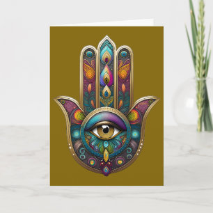 Pauwkleuren Hamsa met Gouden Derde Oog Kaart