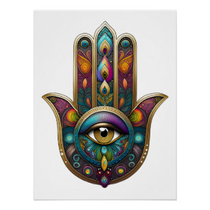 Pauwkleuren Hamsa met Gouden Derde Oog Perfect Poster