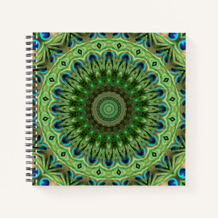 Pauwveer Mandala Smaragd en Blauwe Symmetrie Notitieboek