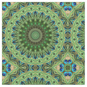 Pauwveer Mandala Smaragd en Blauwe Symmetrie Stof