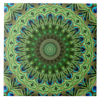 Pauwveer Mandala Smaragd en Blauwe Symmetrie Tegeltje
