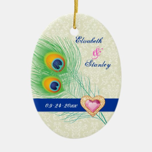 Pauwveer sierhart bruiloft Save the Date Keramisch Ornament (Voorkant)