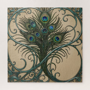 Pauwveren Art Nouveau Sierlijke Teal Lijst Legpuzzel