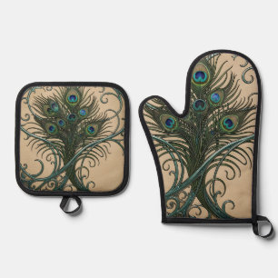 Pauwveren Art Nouveau Sierlijke Teal Lijst Ovenwant & Pannenlap Set