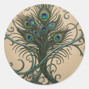 Pauwveren Art Nouveau Sierlijke Teal Lijst Ronde Sticker