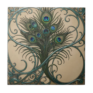 Pauwveren Art Nouveau Sierlijke Teal Lijst Tegeltje