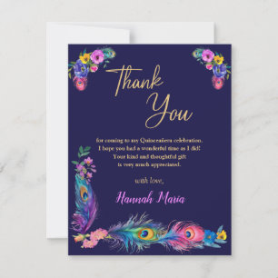 Pauwveren & Bloemen Quinceañera Paars Plat Bedankkaart