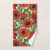 Pavot rouge et brindilles, feuilles verts sur blan (Serviette à main)
