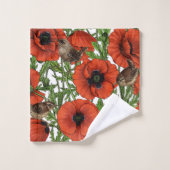 Pavot rouge et brindilles, feuilles verts sur blan (Gant de toilette)
