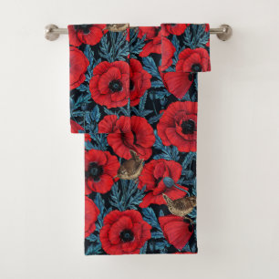 Pavot rouge et brunes, feuilles bleus sur noir