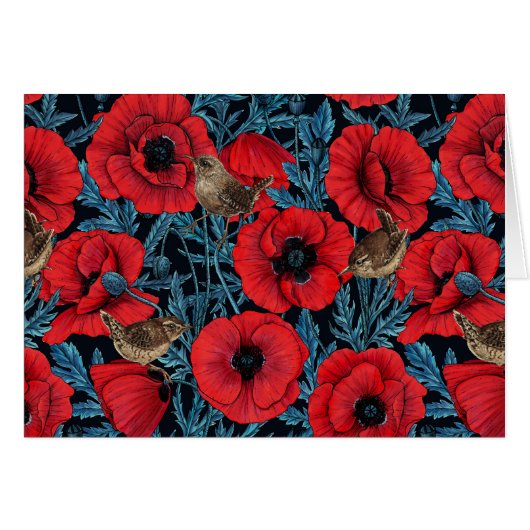 Pavot rouge et brunes, feuilles bleus sur noir (Devant horizontal)