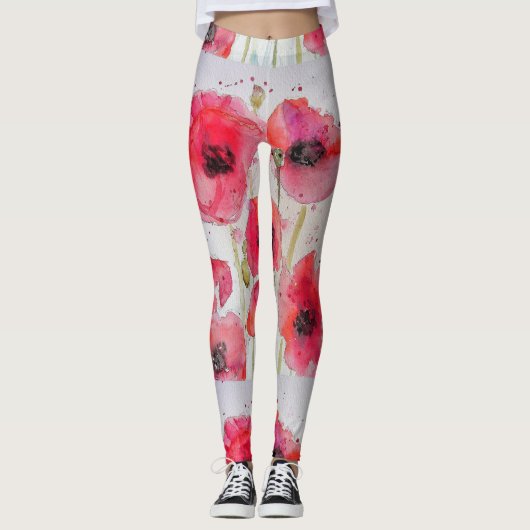 Pavot rouge Floral Aquarelle Leggings (Devant)