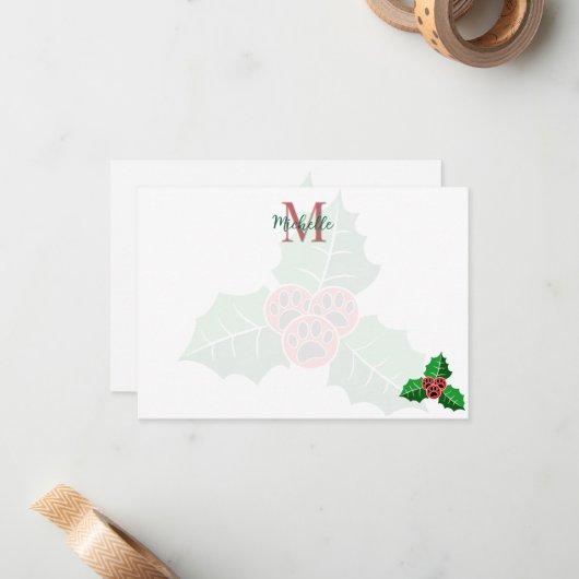 Paw Holly Leaves Christmas Custom Monogram Notitiekaartje (Voorkant / Achterkant in situ)