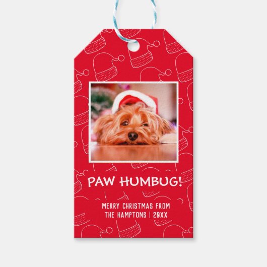 Paw Humbug Pet Foto Rood kerstfeest Cadeaulabel (Voorkant)
