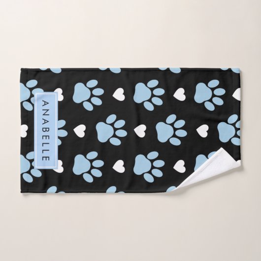 Paw Pattern, Blauwe Paws, Witte Harten, Jouw naam Bad Handdoek (Handdoek)