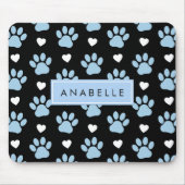 Paw Pattern, Blauwe Paws, Witte Harten, Jouw naam Muismat (Voorkant)