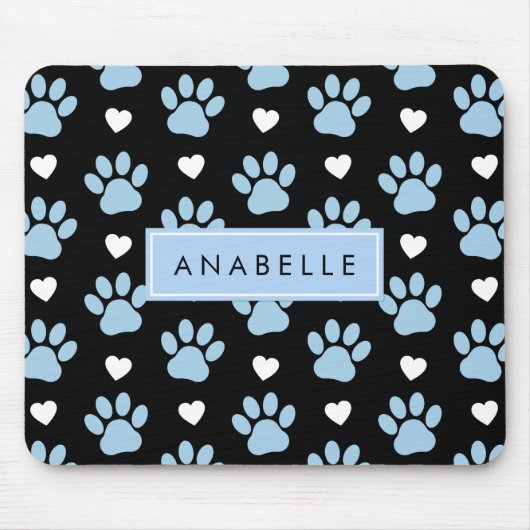 Paw Pattern, Blauwe Paws, Witte Harten, Jouw naam Muismat (Voorkant)