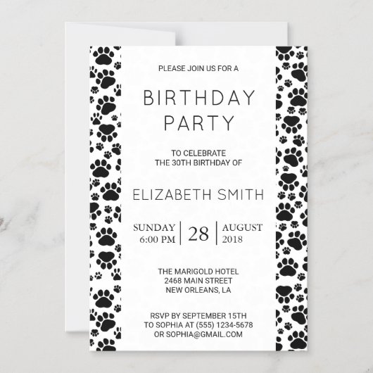 Paw Pattern, Dog Paws, Black and White, Birthday Magnetische Uitnodiging (Voorkant)
