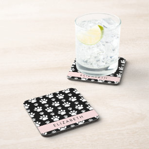Paw Pattern, Dog Paws, Black and White, Jouw naam Bier Onderzetter
