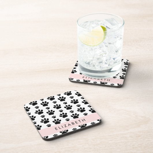 Paw Pattern, Dog Paws, Black and White, Jouw naam Bier Onderzetter (Rechterzijde)