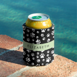 Paw Pattern, Dog Paws, Black and White, Jouw naam Blikjeskoeler