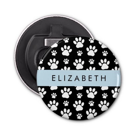 Paw Pattern, Dog Paws, Black and White, Jouw naam Button Flesopener (Voorkant)