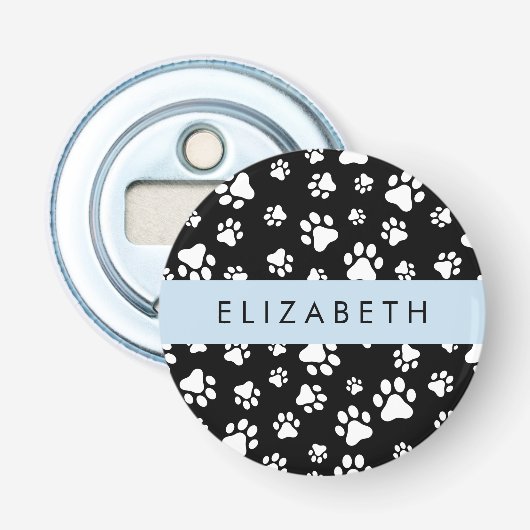 Paw Pattern, Dog Paws, Black and White, Jouw naam Button Flesopener (Voorkant)