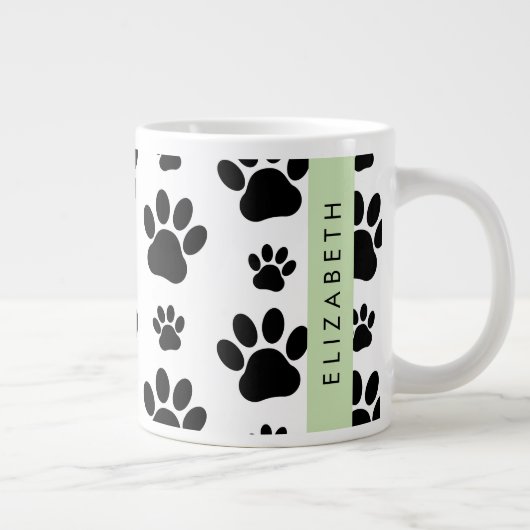Paw Pattern, Dog Paws, Black and White, Jouw naam Extra Grote Beker (Rechts)