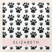 Paw Pattern, Dog Paws, Black and White, Jouw naam Glazen Onderzetter (Voorkant)