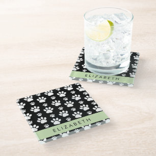 Paw Pattern, Dog Paws, Black and White, Jouw naam Glazen Onderzetter
