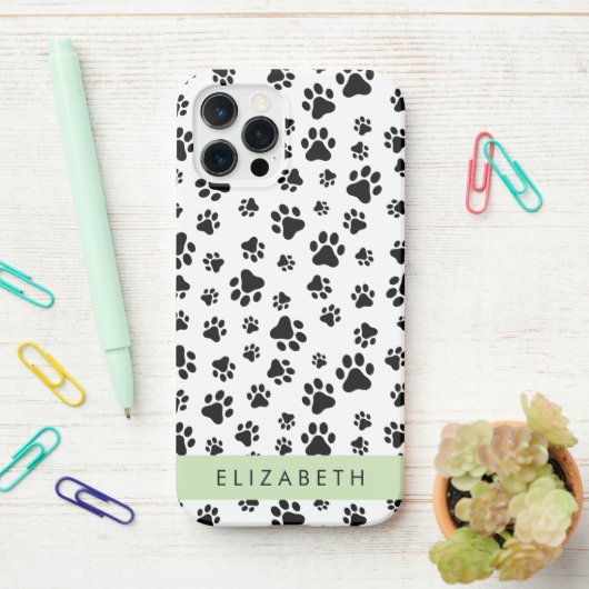 Paw Pattern, Dog Paws, Black and White, Jouw naam iPhone Hoesje (Op bureau)