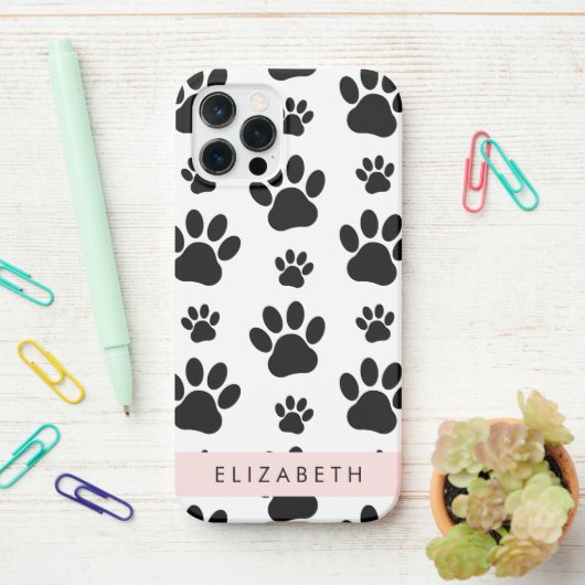 Paw Pattern, Dog Paws, Black and White, Jouw naam iPhone Hoesje (Op bureau)