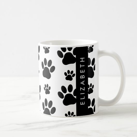 Paw Pattern, Dog Paws, Black and White, Jouw naam Koffiemok (Rechts)